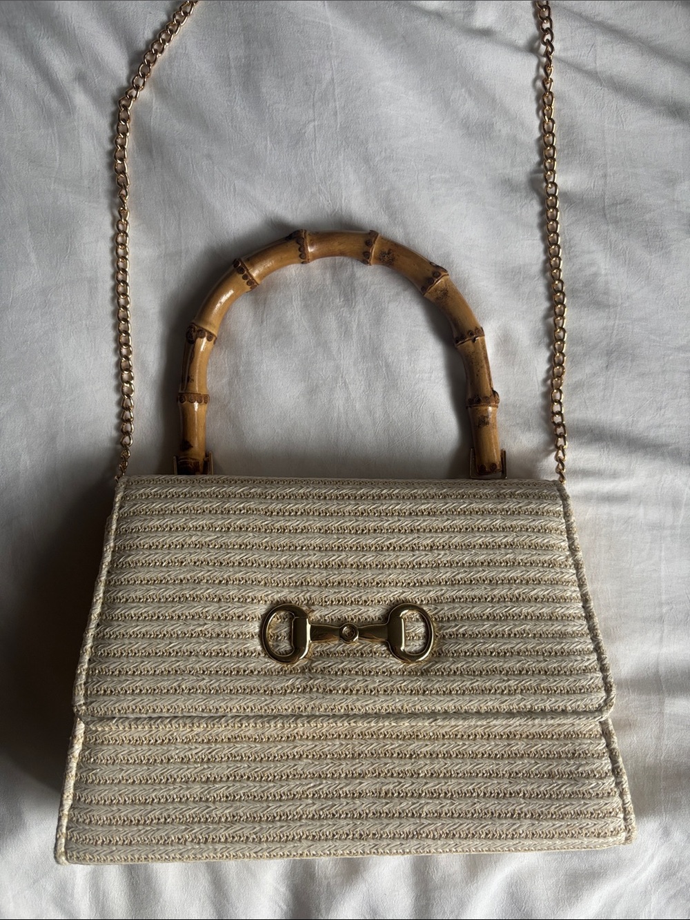 Woven Cream Bamboo Handle Top Bag - Picture 2 of 4